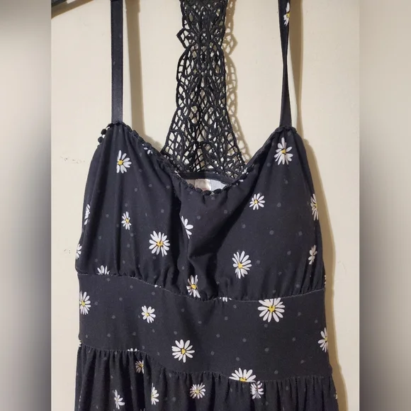 Y2k Black Daisy Print Sundress Crochet Back Fit and Flare - Picture 3 of 5